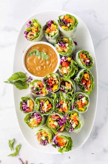 A Wide Platter Holding Fresh Summer Rolls and Spicy Peanut Butter Dip