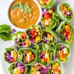 Veggie Rolls on a White Serving Plate with a Side of Peanut Dipping Sauce