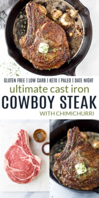 pinterest image for cast iron cowboy steak with chimichurri