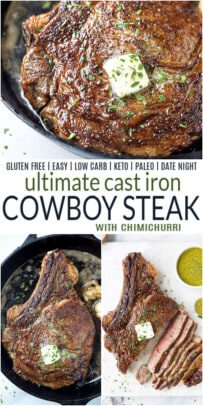 pinterest image for cast iron cowboy steak with chimichurri