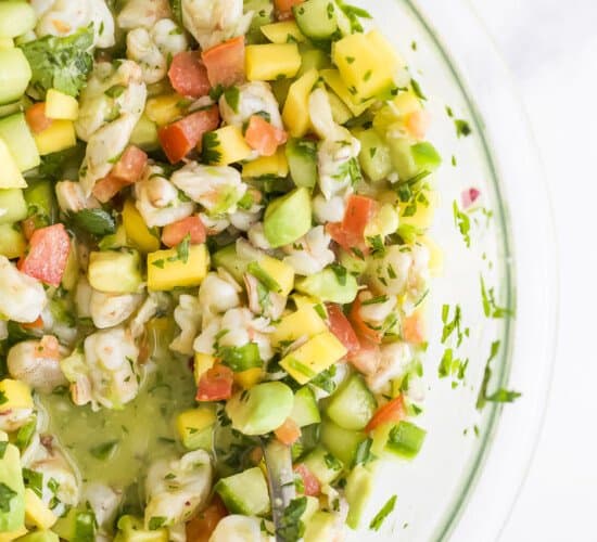 mango shrimp ceviche in a bowl