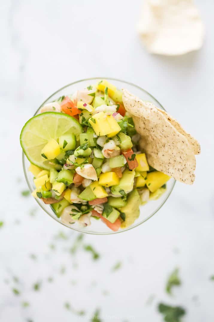 mango shrimp ceviche served with tortilla