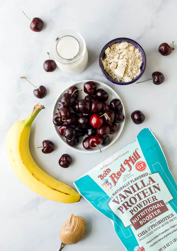 ingredients for cherry almond smoothie bowl