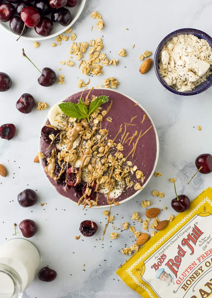 cherry almond smoothie bowl with toppings