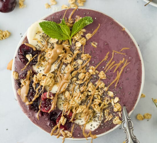 cherry almond smoothie bowl with toppings