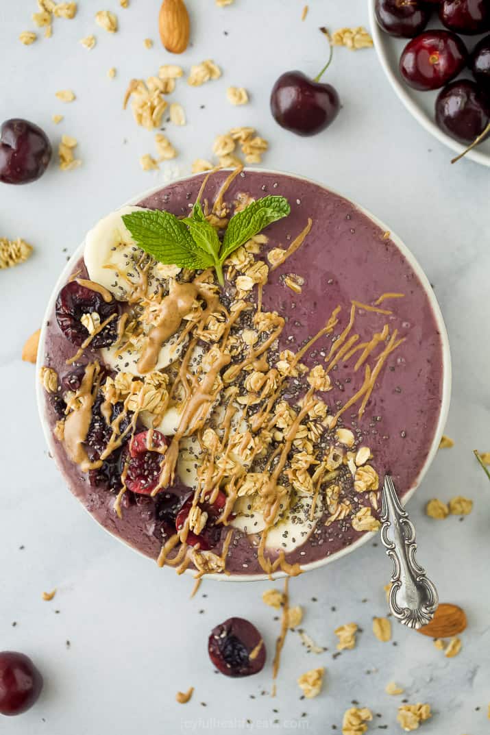cherry almond smoothie bowl with toppings
