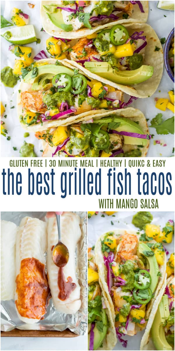 pinterest image for grilled fish tacos with mango salsa
