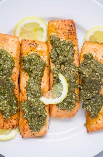close up of air fryer pesto salmon