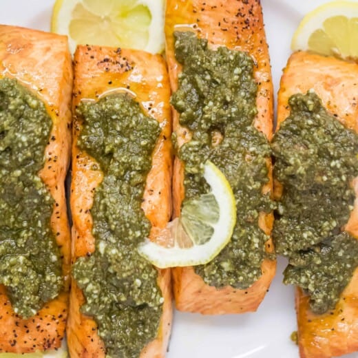 close up of air fryer pesto salmon