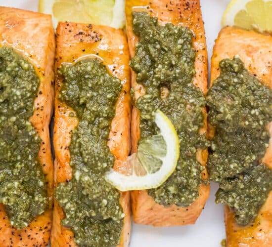 close up of air fryer pesto salmon