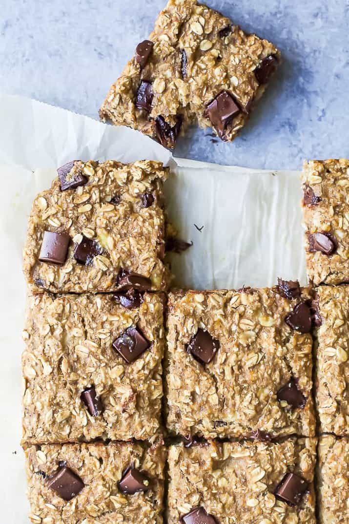 banana bread chocolate chip oatmeal bars o a parchment paper