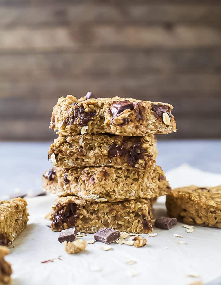 chocolate chip oatmeal bars stacked up