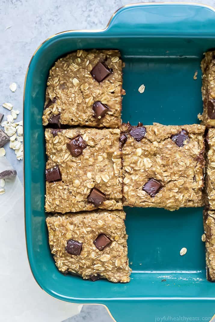 banana chocolate chip oatmeal bars in a baking dish