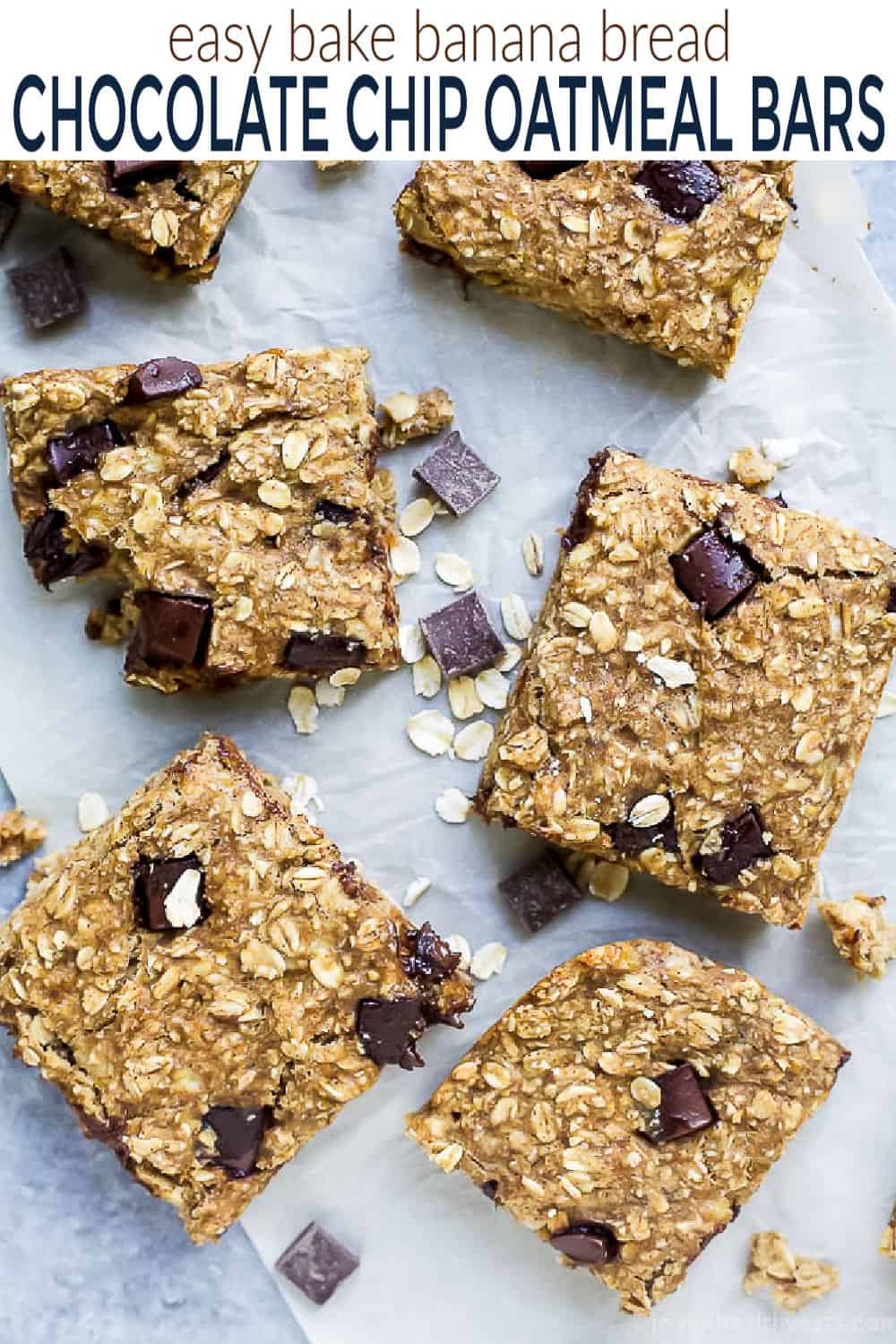 pinterest image for baked banana chocolate chip oatmeal bars