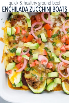 pinterest image for ground beef enchilada zucchini boats