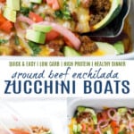 pinterest image for ground beef enchilada zucchini boats