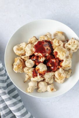 air fryer cauliflower wings topped with honey bbq sauce