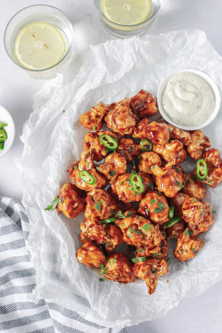 air fryer cauliflower wings tossed with honey bbq sauce