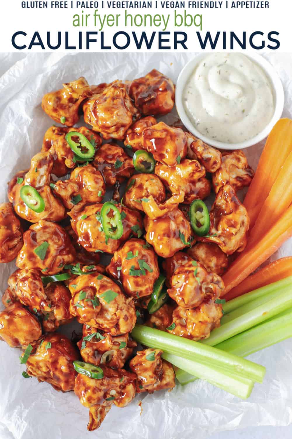 pinterest image for honey bbq cauliflower wings