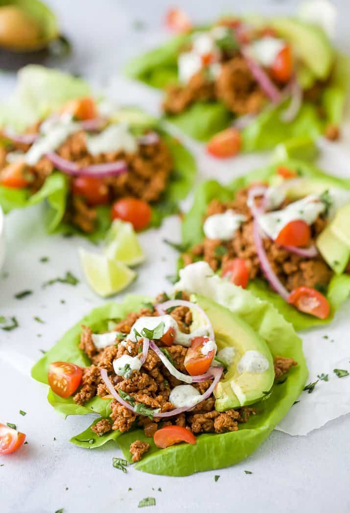 ground turkey taco meat in lettuce wraps