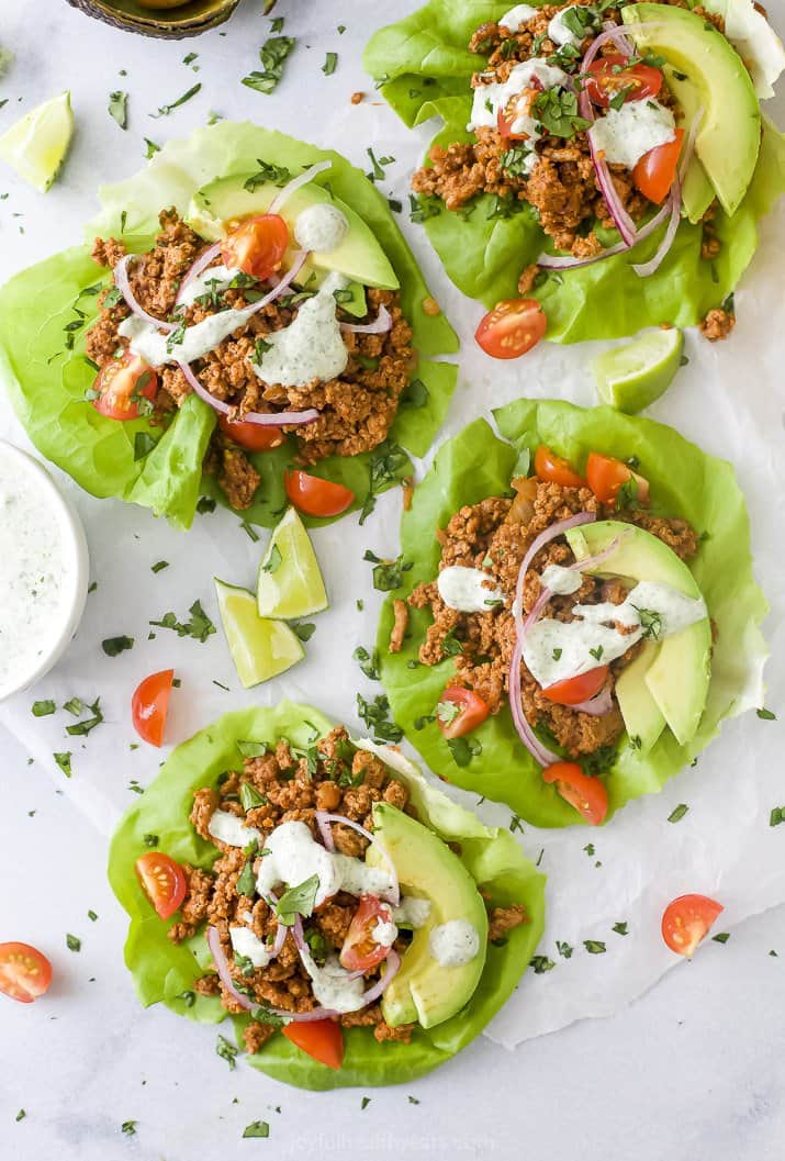 overhead photo of turkey taco lettuce cups with a crema on top
