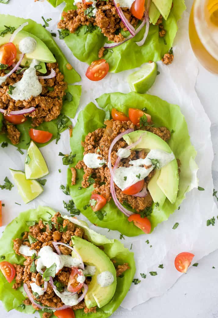 turkey taco meat in lettuce wraps with toppings