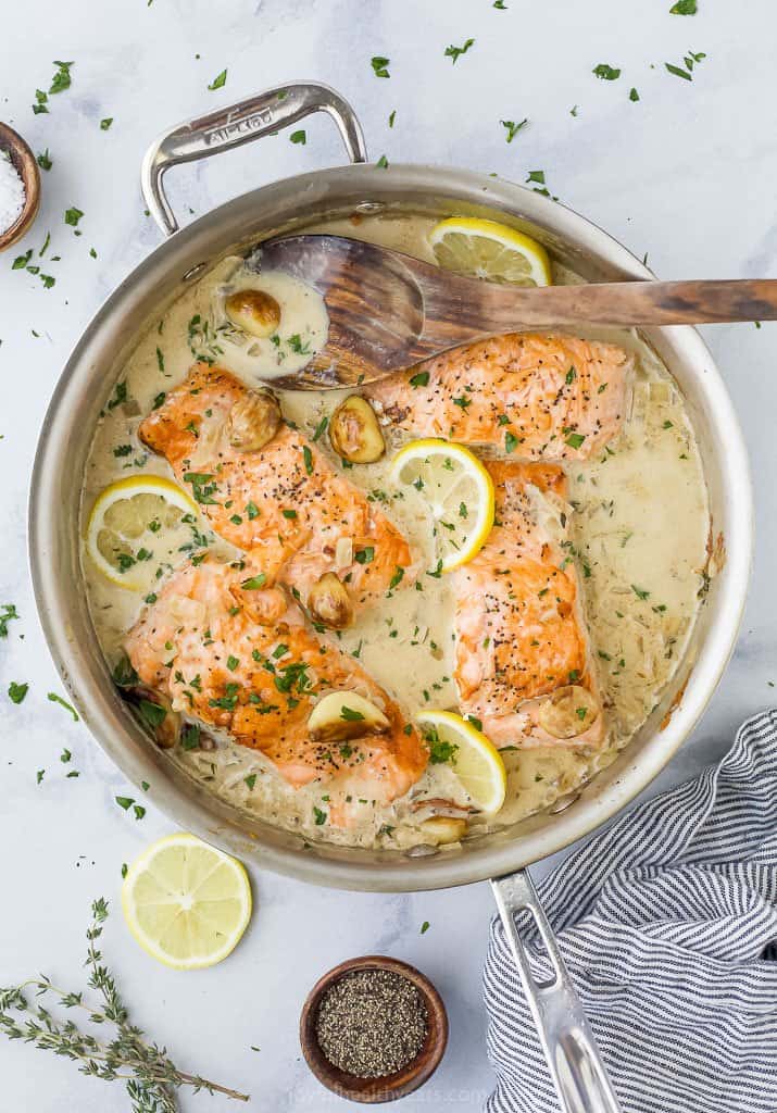 Salmon in a lemon garlic cream sauce.