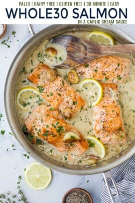 pinterest image for whole30 salmon in garlic cream sauce