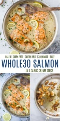 pinterest image for whole30 salmon in garlic cream sauce