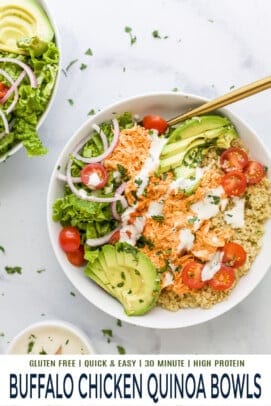 pinterest image for buffalo chicken quinoa bowls