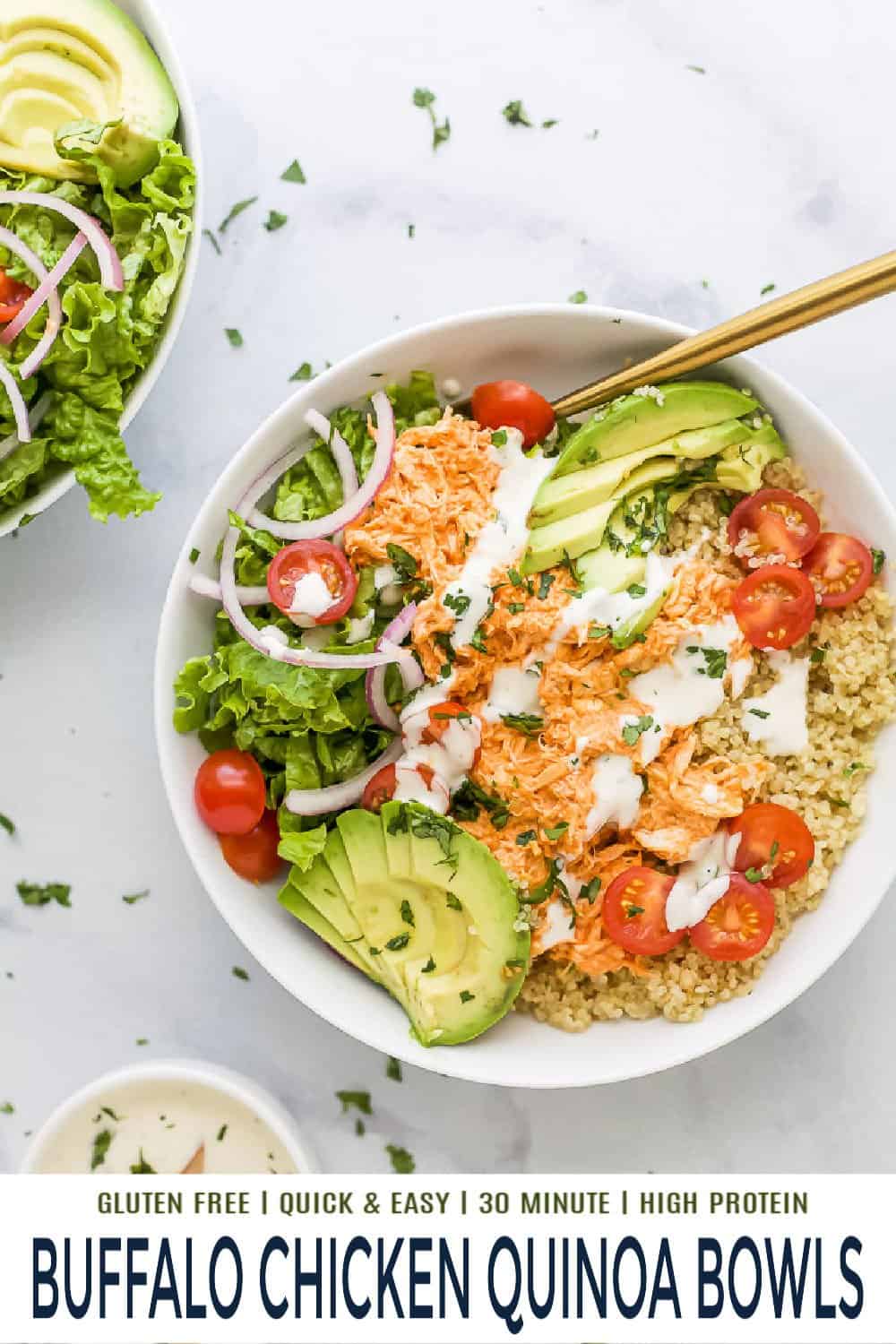 pinterest image for buffalo chicken quinoa bowls