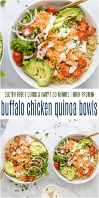 pinterest image for buffalo chicken quinoa bowls