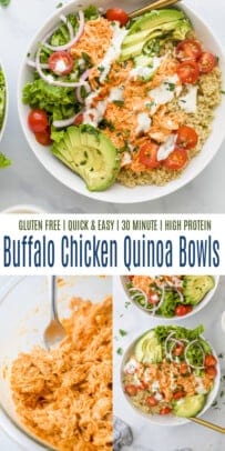 pinterest image for buffalo chicken quinoa bowls