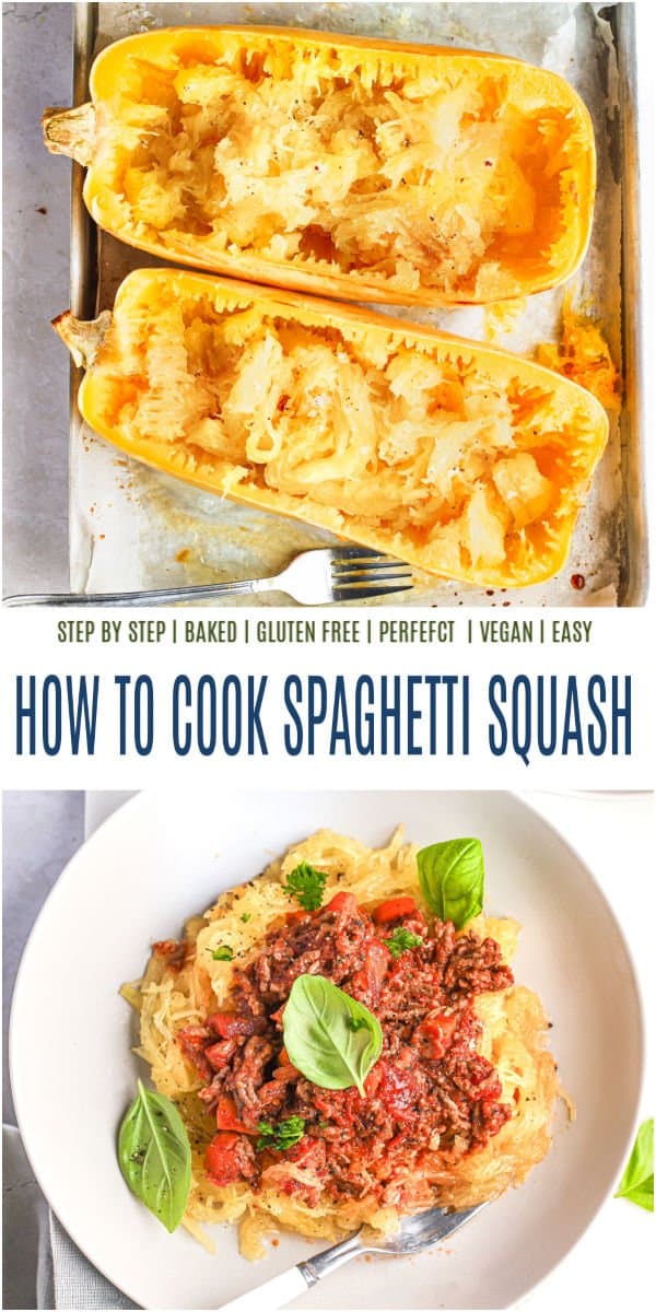 A collage of two images of spaghetti squash pasta with the photo on the bottom featuring sauce