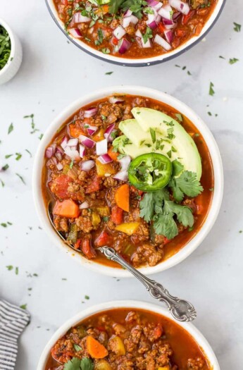 3 bowls of whole30 beef chili with spoons