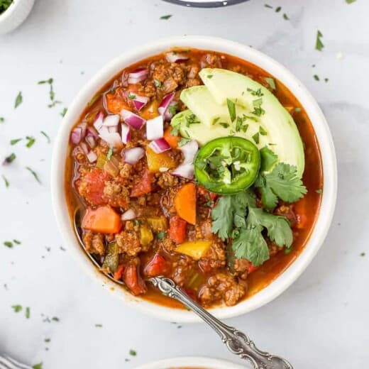 3 bowls of whole30 beef chili with spoons