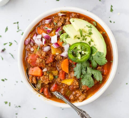 3 bowls of whole30 beef chili with spoons