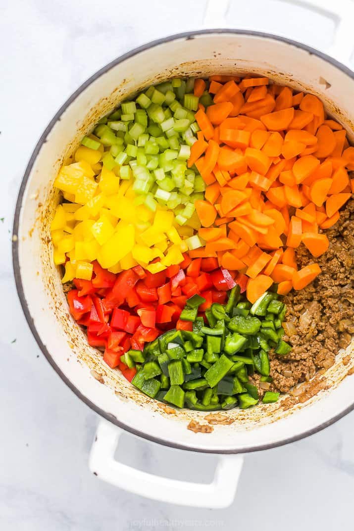 dutch oven with sauteed beef and vegetables