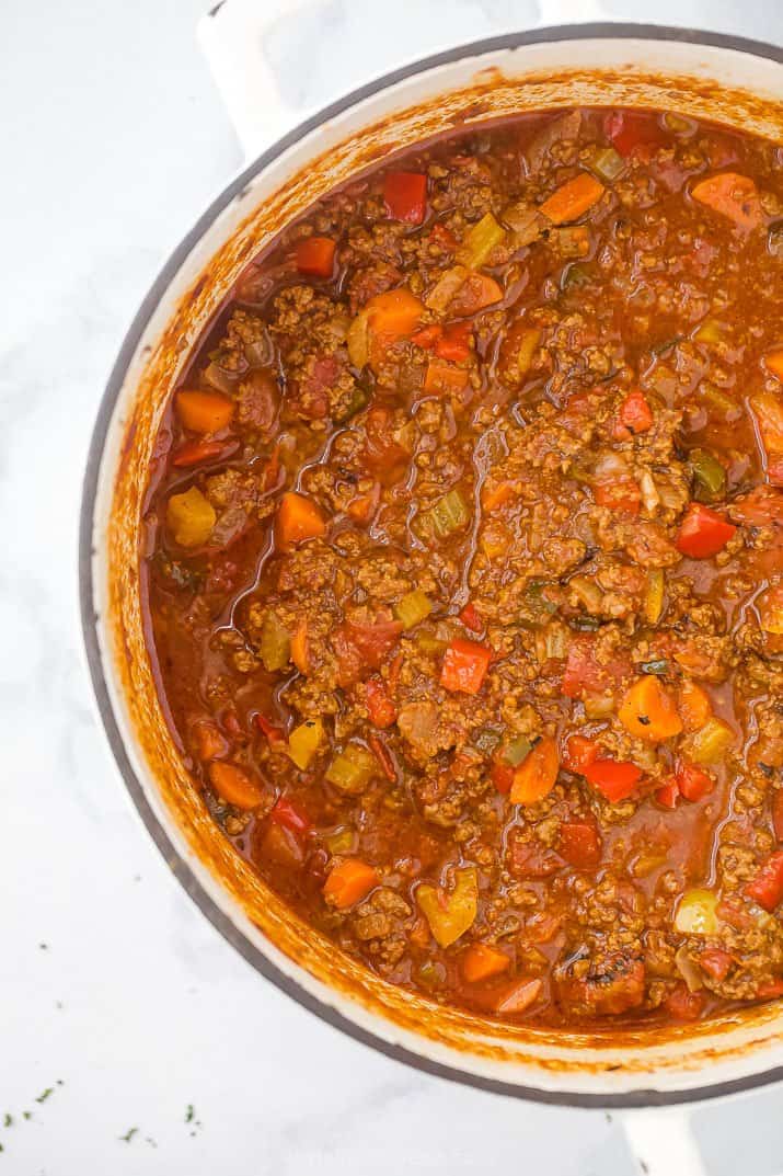 whole30 beef chili in a dutch oven