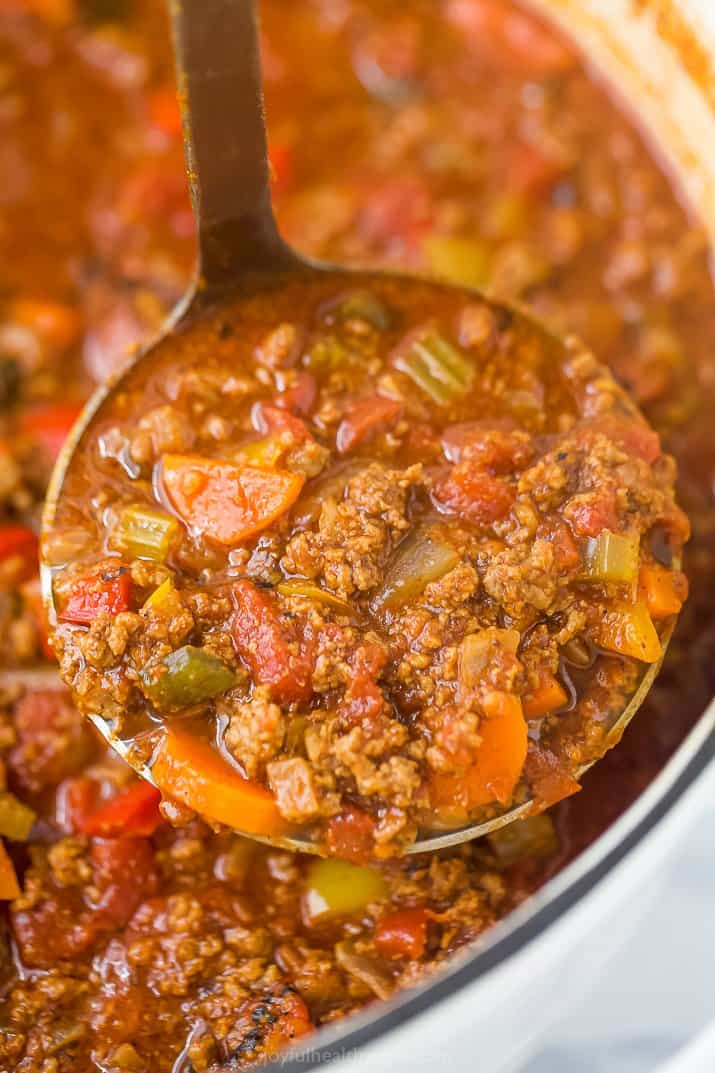 ladle filled with whole30 beef chili