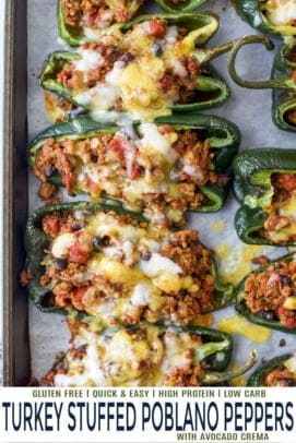 pinterest image for Turkey Stuffed Poblano Peppers with Avocado Crema