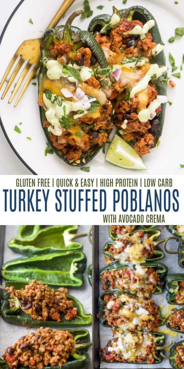 pinterest image for Turkey Stuffed Poblano Peppers with Avocado Crema
