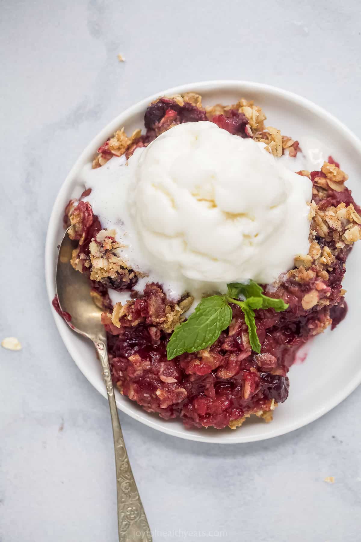 plate filled with apple blueberry crumble topped with ice cream