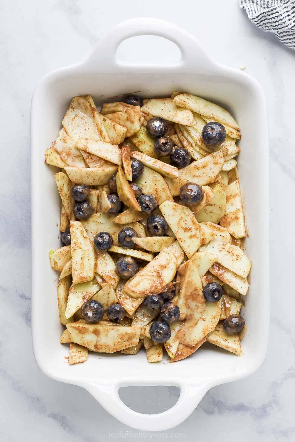 apple and blueberries in a baking dish