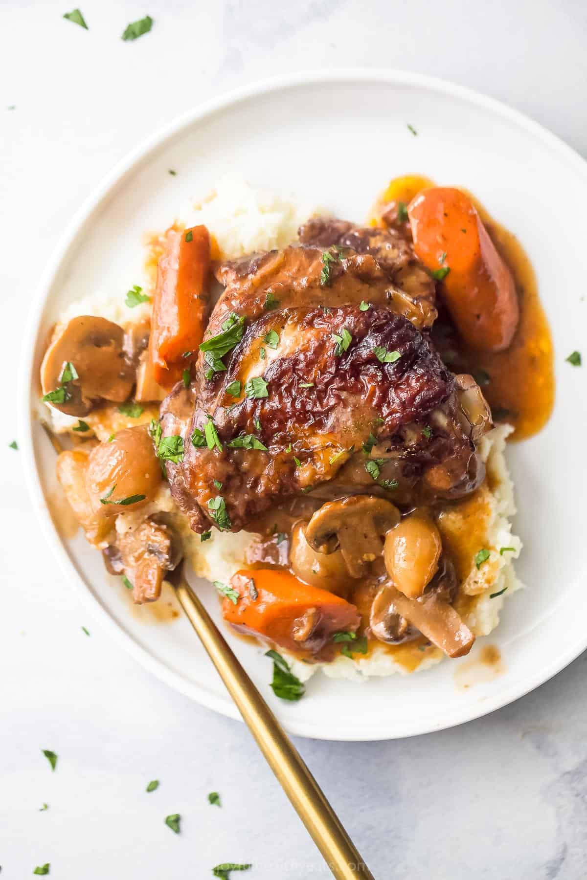 A helping of coq au vin over a serving of mashed potatoes on a plate