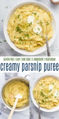 pinterest image for creamy garlic parsnip puree