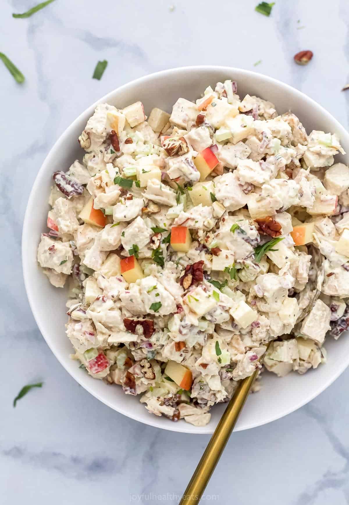 a bowl filled with turkey salad with apples and pecans