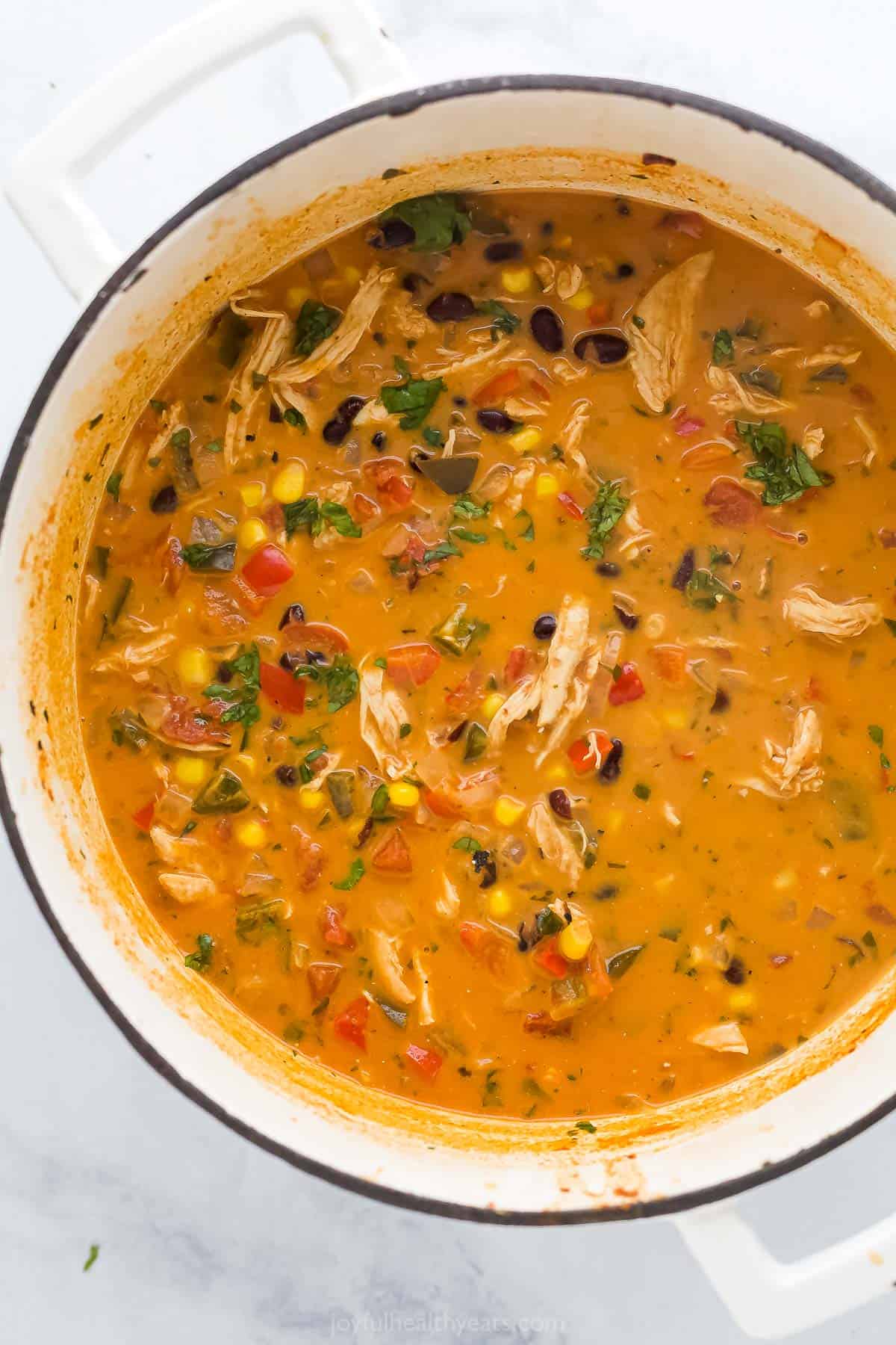 A dutch oven filled with homemade chicken enchilada soup.