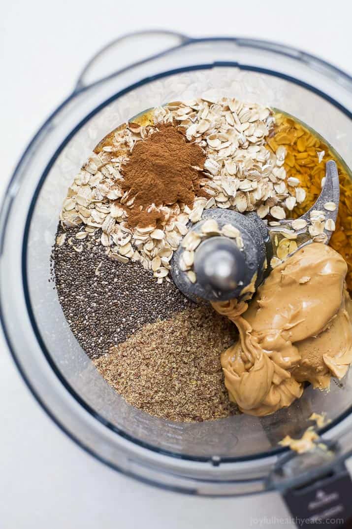 Chia seeds, rolled oats, cinnamon, protein powder and the rest of the energy bite ingredients in a food processor