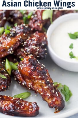 pinterest image for Asian Baked Chicken Wings with Raspberry Hoisin Glaze